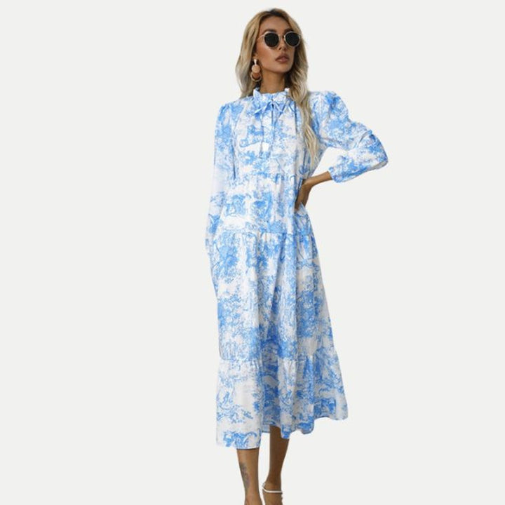 Women's Toile Print Long Sleeve Fall Midi Dress Tiered Swing