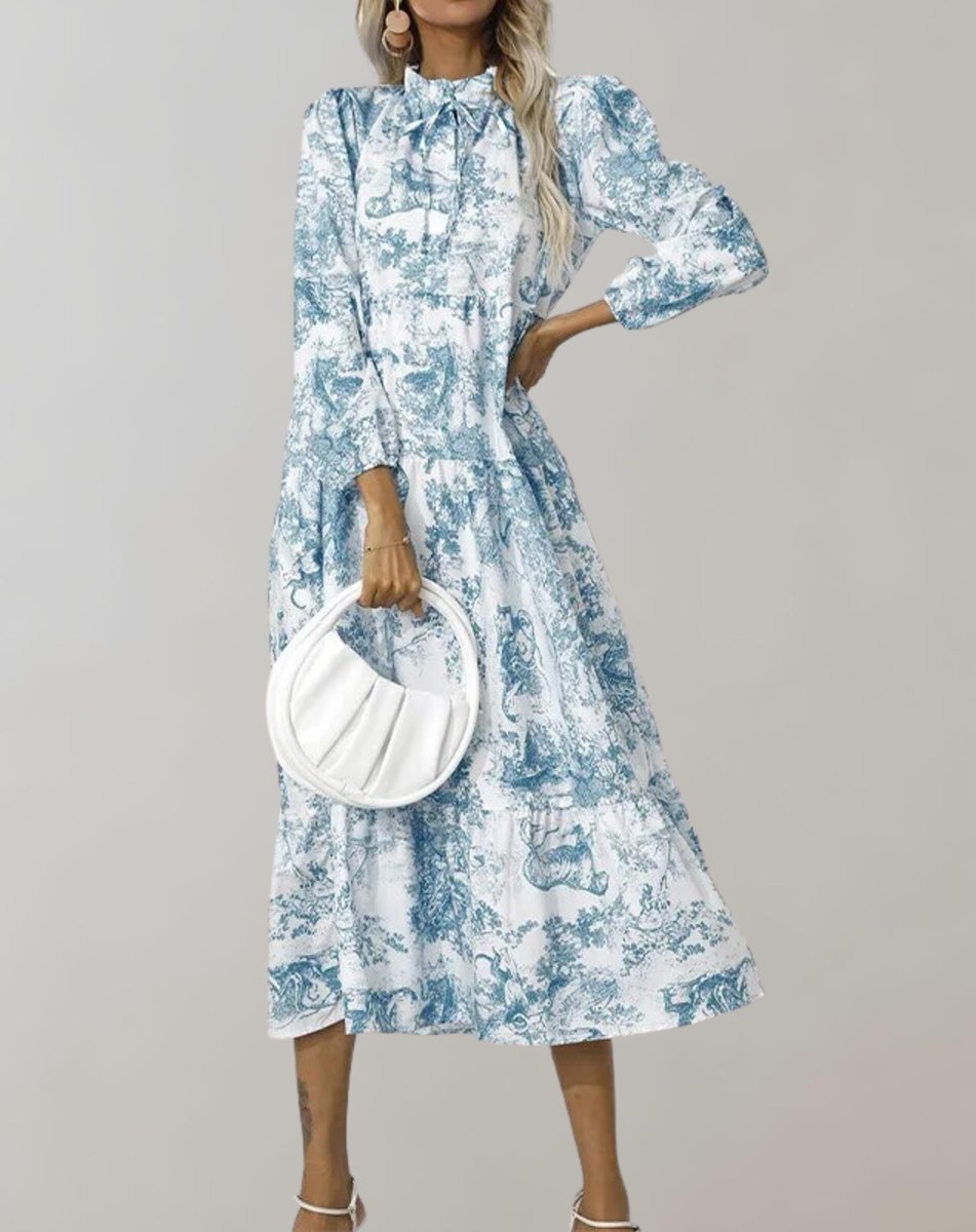 Women's Toile Print Long Sleeve Tiered Fall Midi Dress