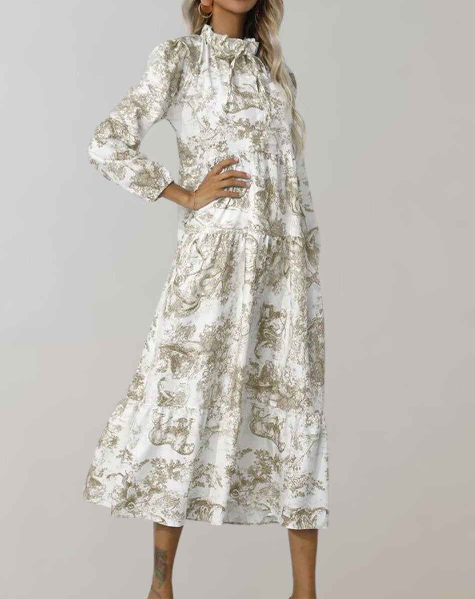 Women's Toile Print Long Sleeve Tiered Fall Midi Dress