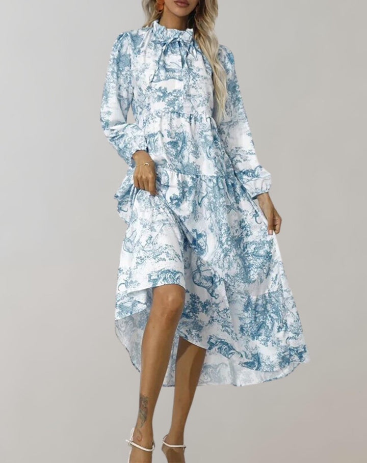Women's Toile Print Long Sleeve Tiered Fall Midi Dress