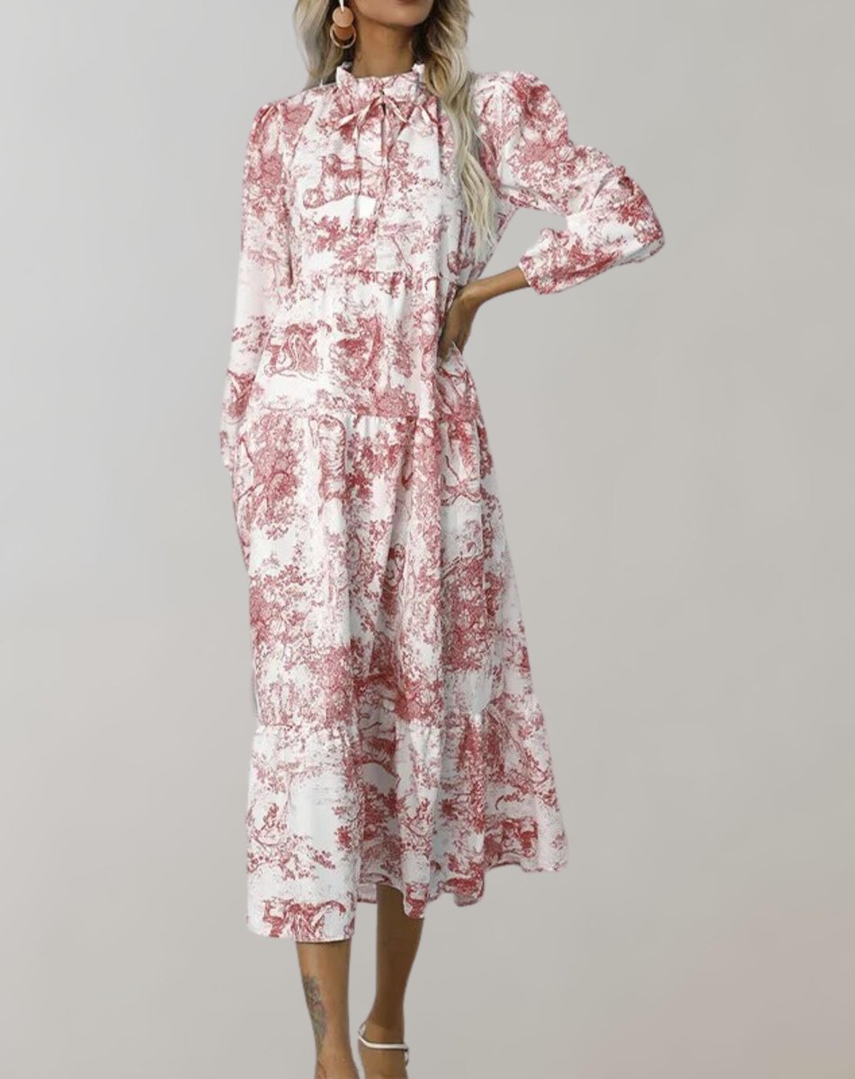 Women's Toile Print Long Sleeve Tiered Fall Midi Dress