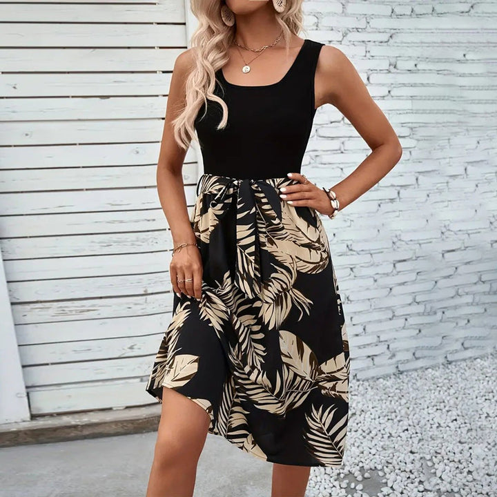 Women's Tropical Palm Print Tie-Waist Fall Midi Dress