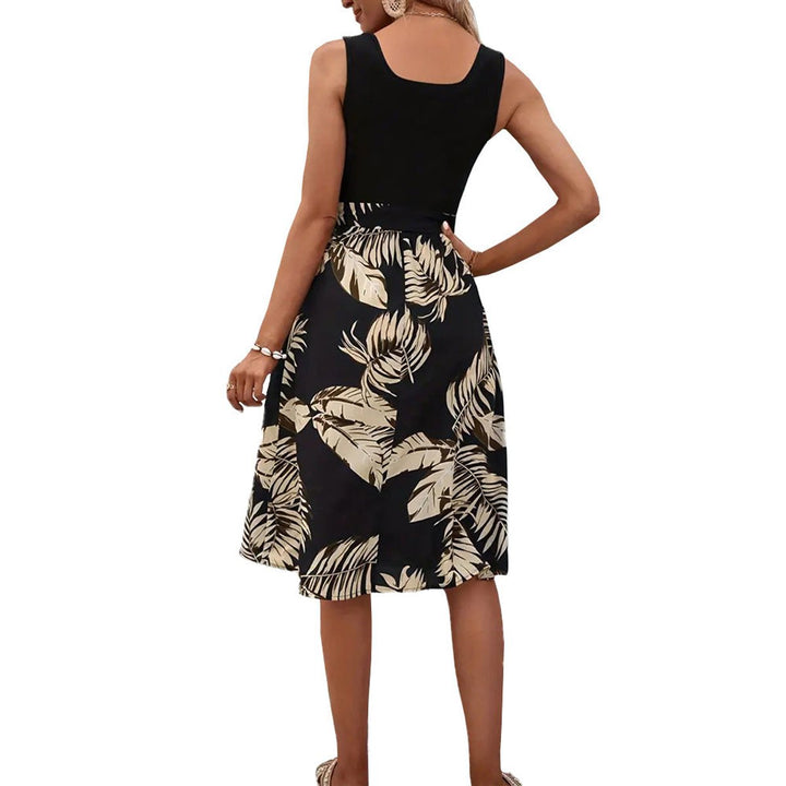 Women's Tropical Palm Print Tie-Waist Fall Midi Dress