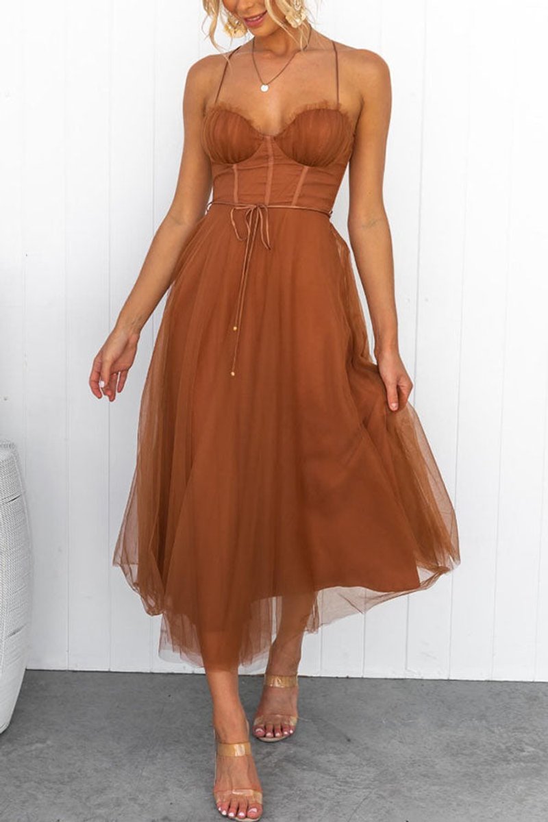 Women's Tulle Corset Midi Formal Dress Spaghetti Strap A-Line