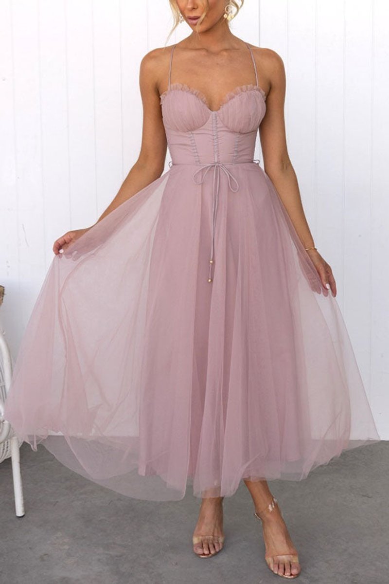 Women's Tulle Corset Midi Formal Dress Spaghetti Strap A-Line