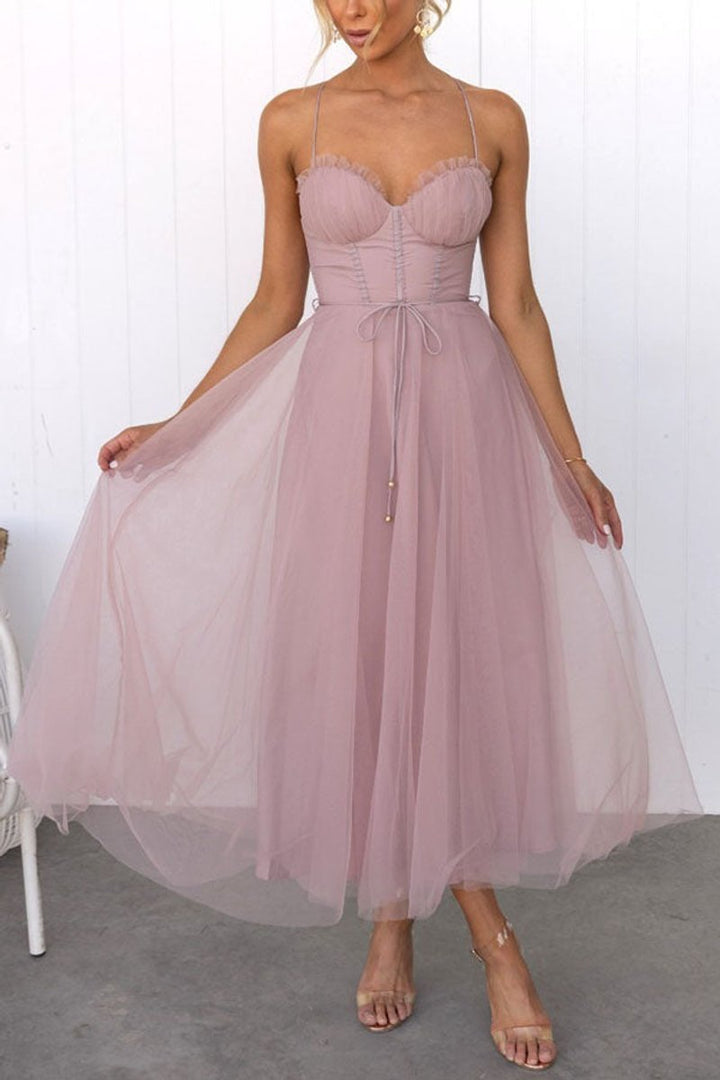 Women's Tulle Corset Midi Formal Dress Spaghetti Strap A-Line