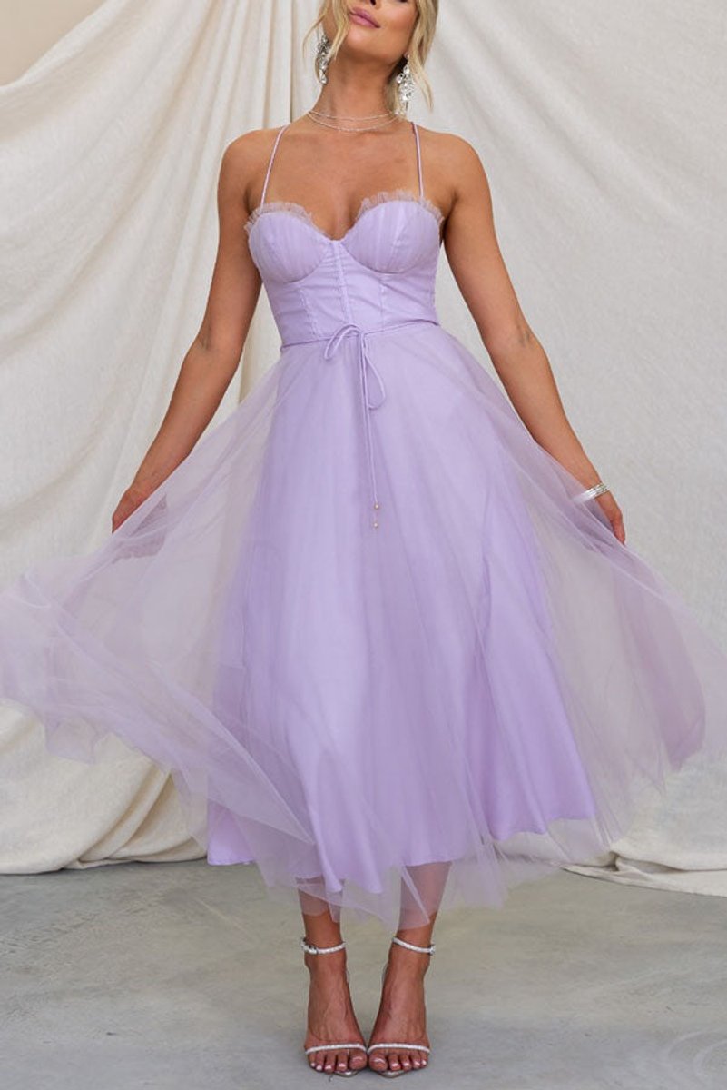 Women's Tulle Corset Midi Formal Dress Spaghetti Strap A-Line
