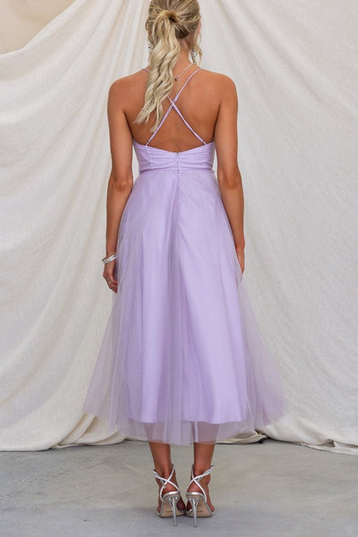 Women's Tulle Corset Midi Formal Dress Spaghetti Strap A-Line