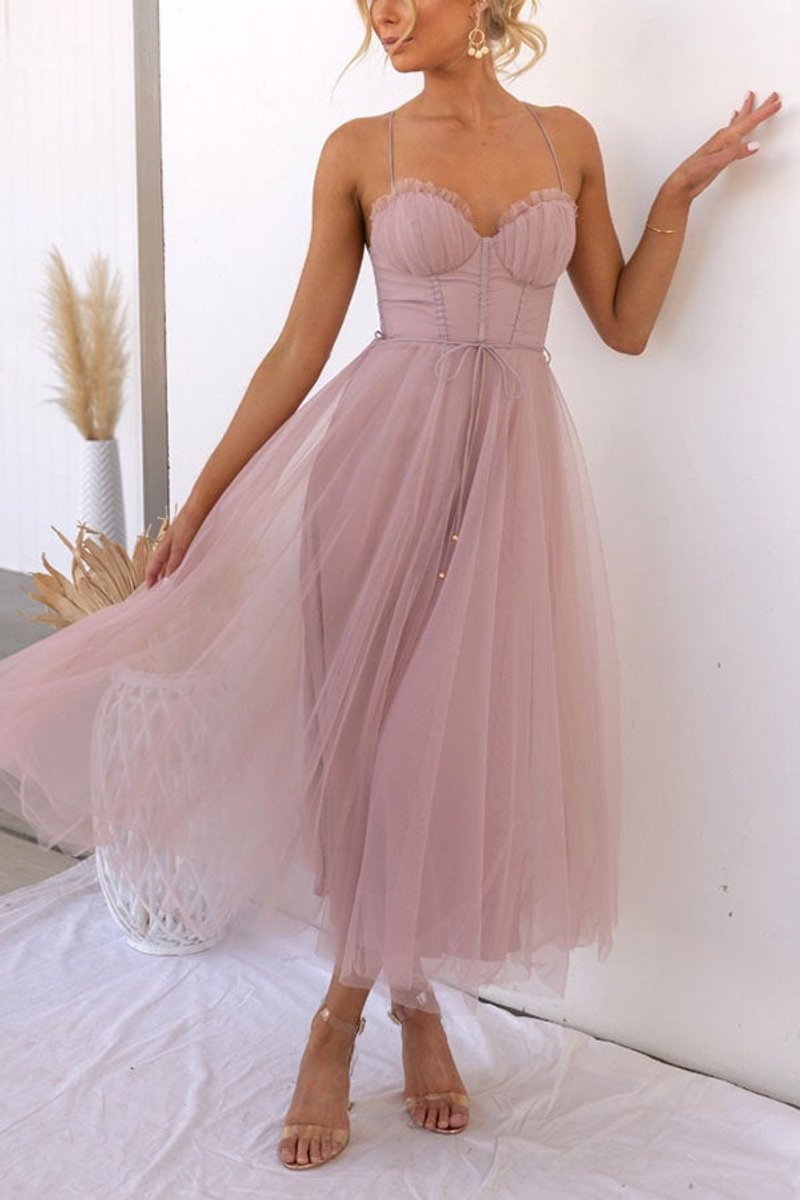 Women's Tulle Corset Midi Formal Dress Spaghetti Strap A-Line