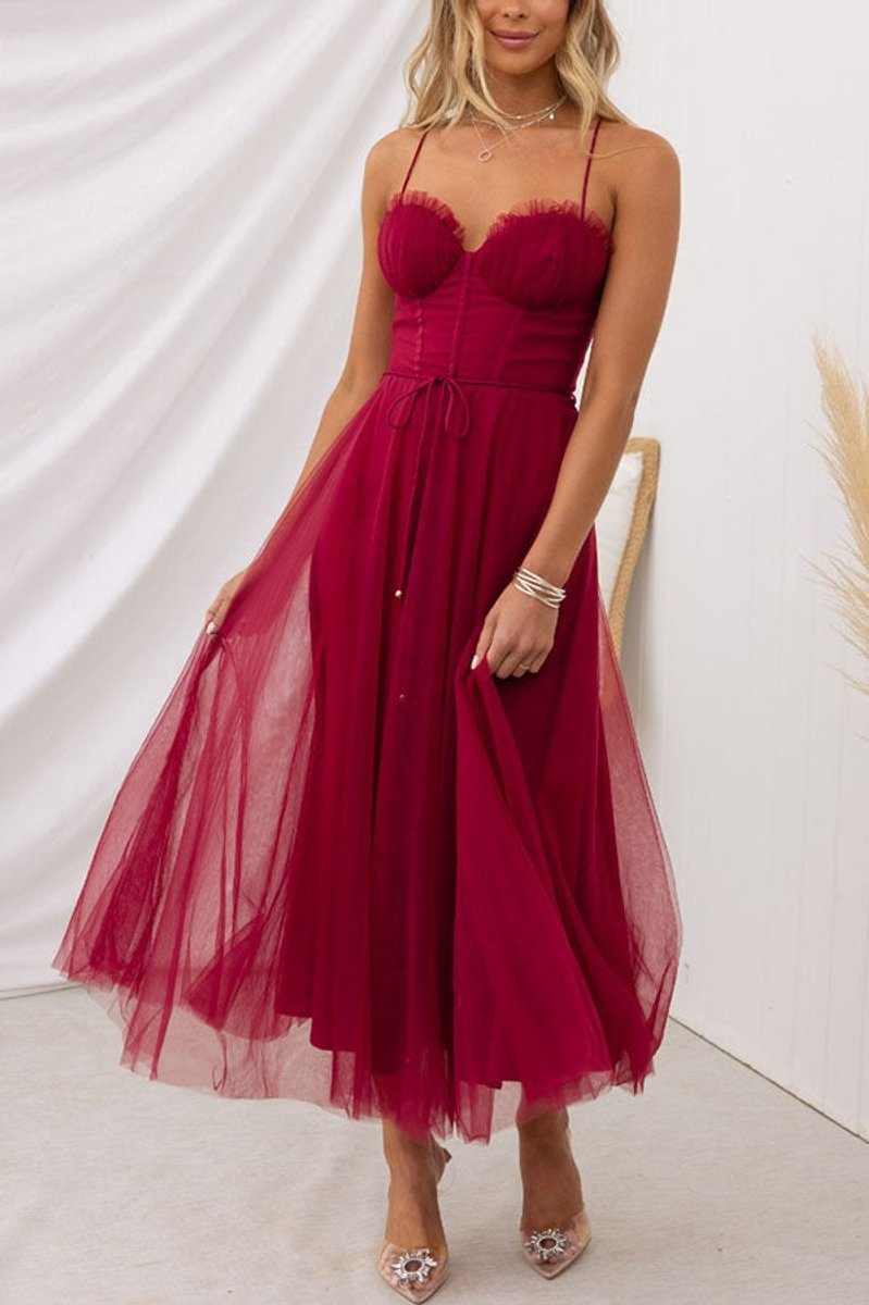 Women's Tulle Corset Midi Formal Dress Spaghetti Strap A-Line