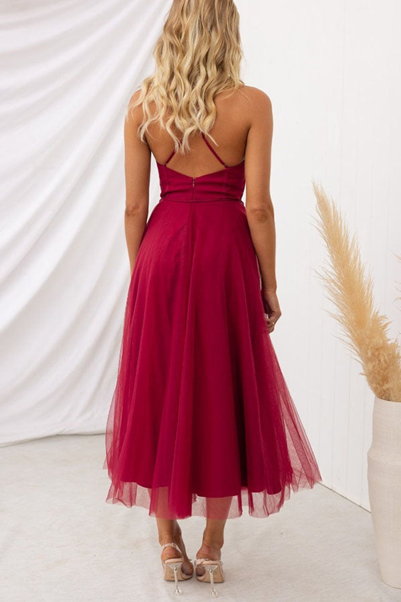 Women's Tulle Corset Midi Formal Dress Spaghetti Strap A-Line
