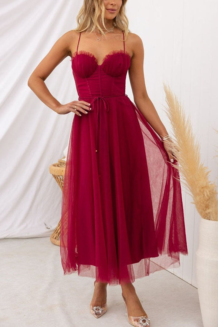 Women's Tulle Corset Midi Formal Dress Spaghetti Strap A-Line