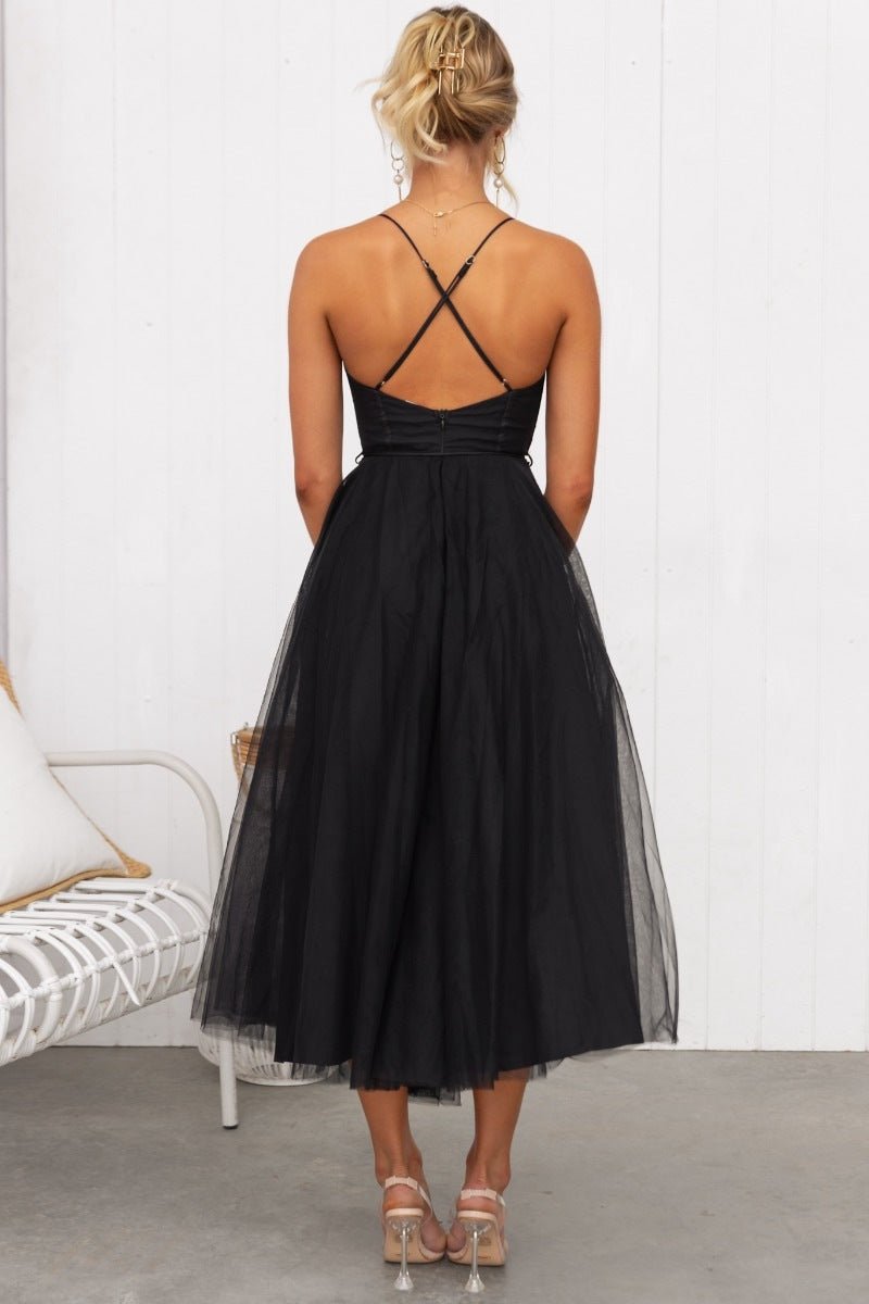 Women's Tulle Corset Midi Formal Dress Spaghetti Strap A-Line