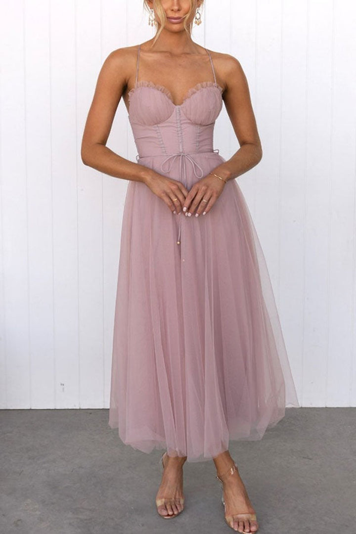 Women's Tulle Corset Midi Formal Dress Spaghetti Strap A-Line