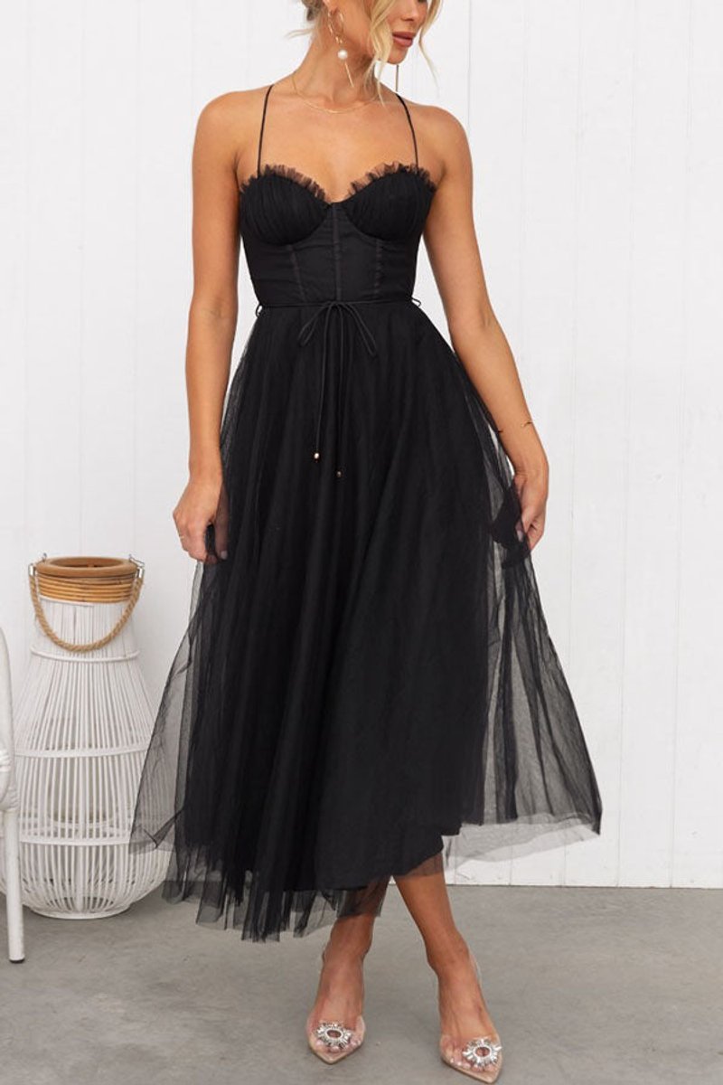 Women's Tulle Corset Midi Formal Dress Spaghetti Strap A-Line