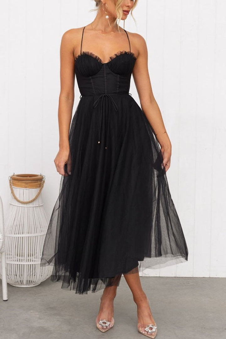 Women's Tulle Corset Midi Formal Dress Spaghetti Strap A-Line