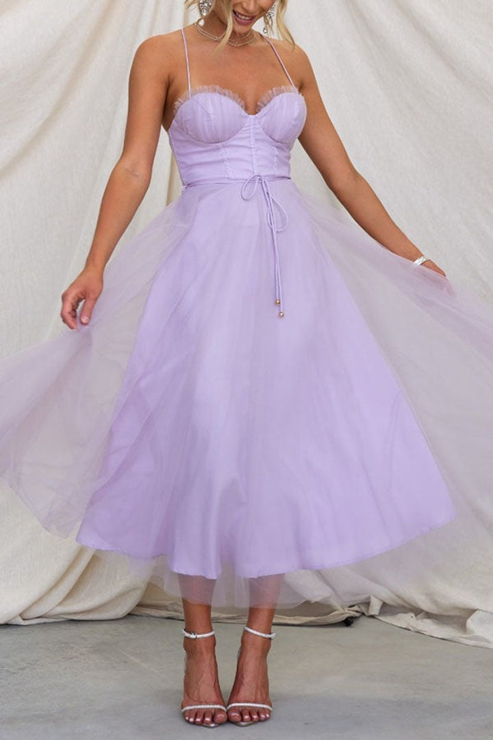 Women's Tulle Corset Midi Formal Dress Spaghetti Strap A-Line