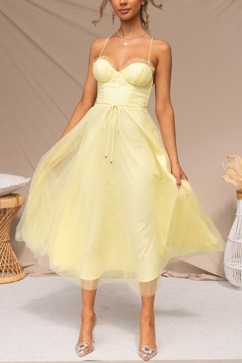 Women's Tulle Corset Midi Formal Dress Spaghetti Strap A-Line