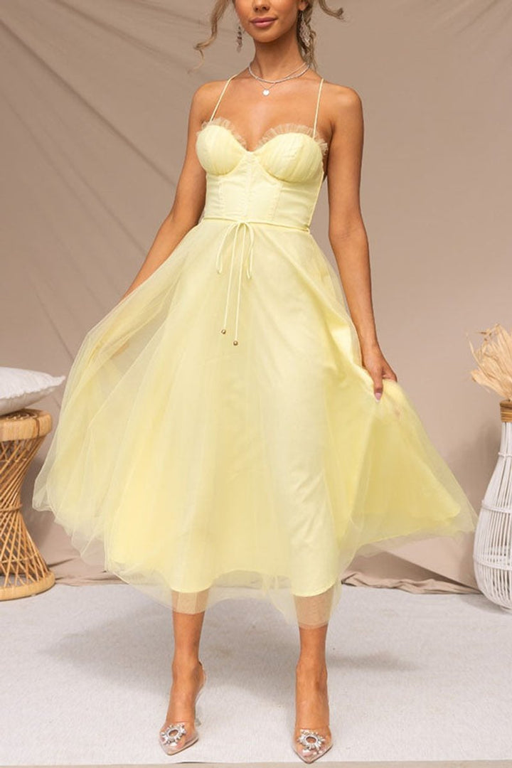 Women's Tulle Corset Midi Formal Dress Spaghetti Strap A-Line