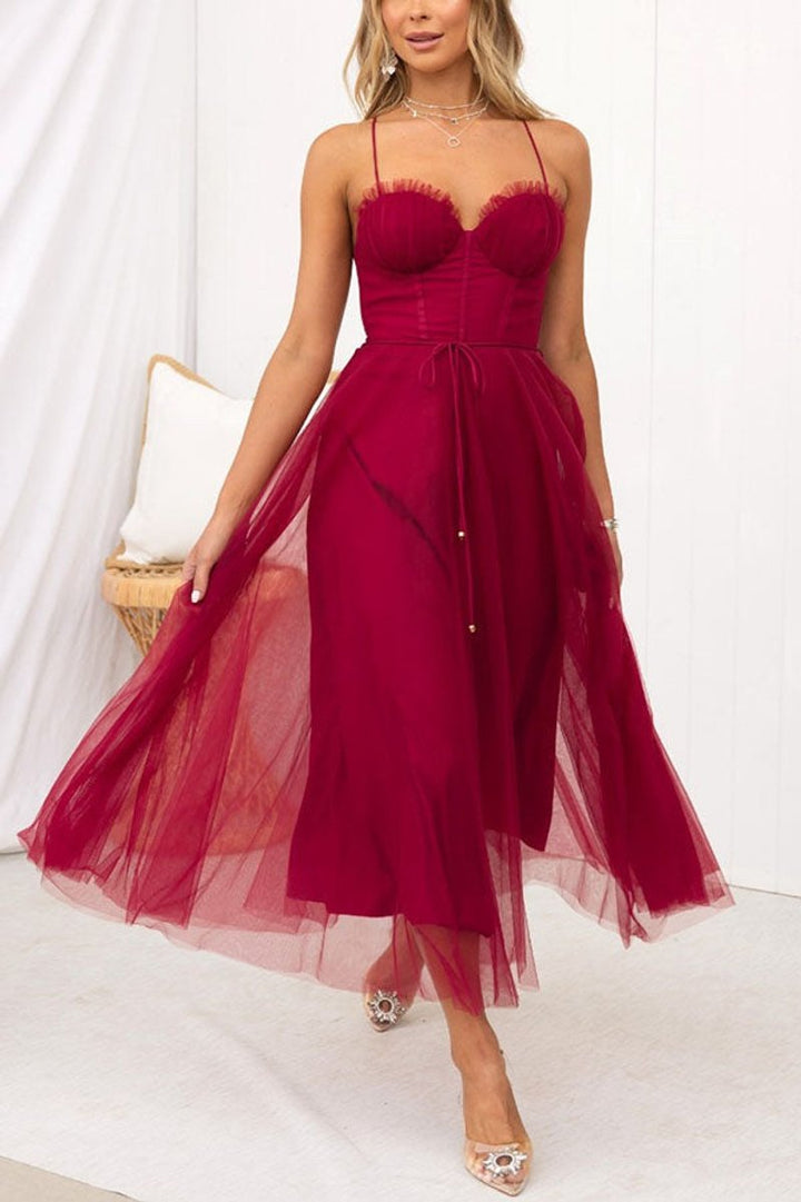 Women's Tulle Corset Midi Formal Dress Spaghetti Strap A-Line