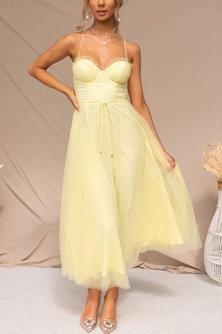 Women's Tulle Corset Midi Formal Dress Spaghetti Strap A-Line