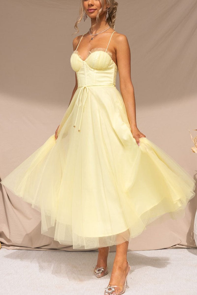 Women's Tulle Corset Midi Formal Dress Spaghetti Strap A-Line