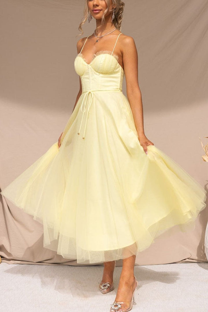 Women's Tulle Corset Midi Formal Dress Spaghetti Strap A-Line