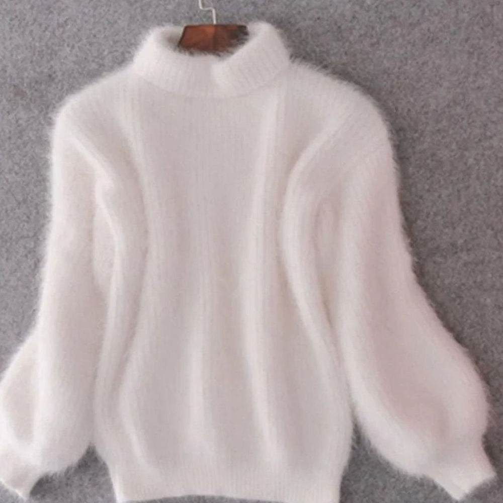 Women's Turtleneck Angora Loose-Fit Pullover Knit Sweater - White