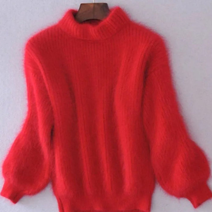 Women's Turtleneck Angora Loose-Fit Pullover Knit Sweater - Red