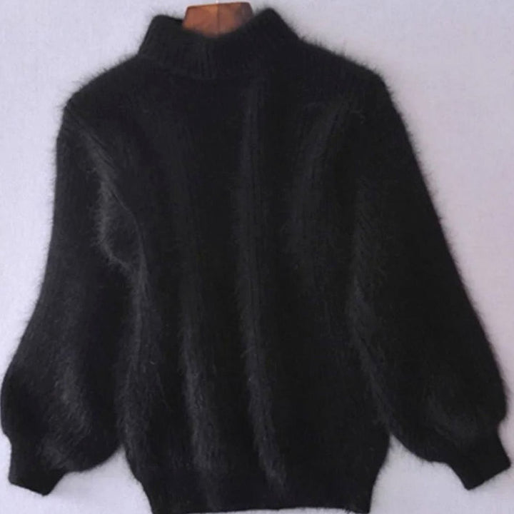 Women's Turtleneck Angora Loose-Fit Pullover Knit Sweater - Black