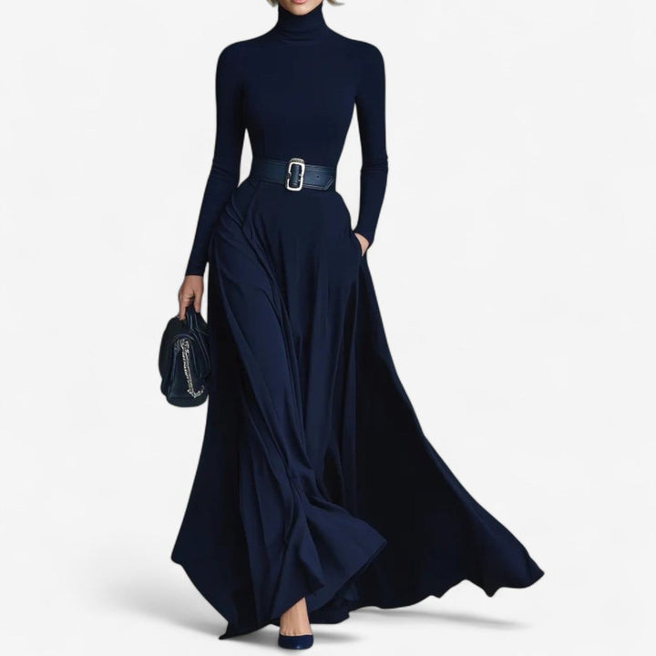 Women's Turtleneck Belted Maxi Formal Dress Long Sleeve Flowy Skirt