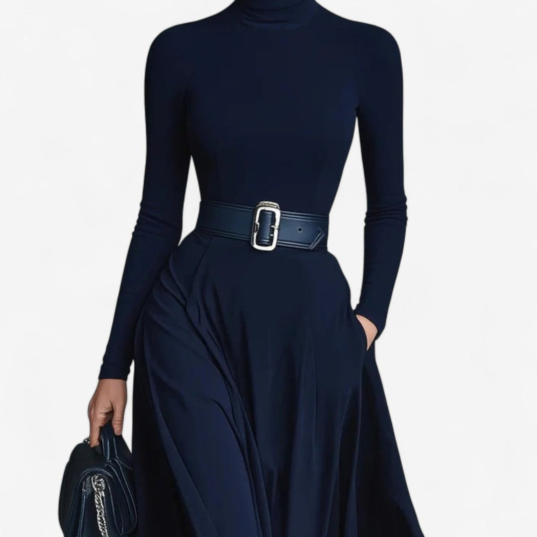 Women's Turtleneck Belted Maxi Formal Dress Long Sleeve Flowy Skirt