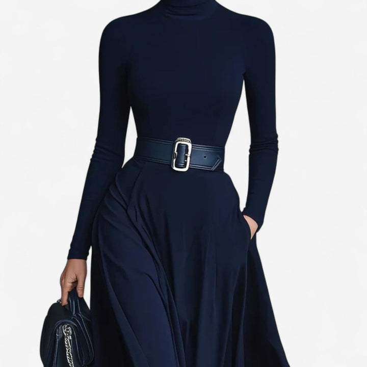 Women's Turtleneck Belted Maxi Formal Dress Long Sleeve Flowy Skirt