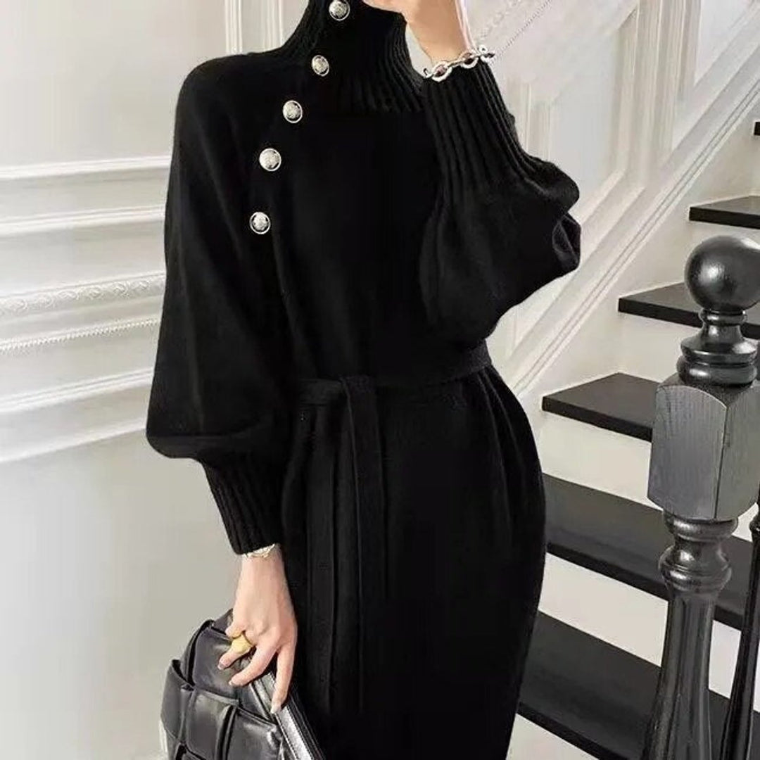 Women's Turtleneck Knit Belted Fall Midi Dress Lantern Sleeve