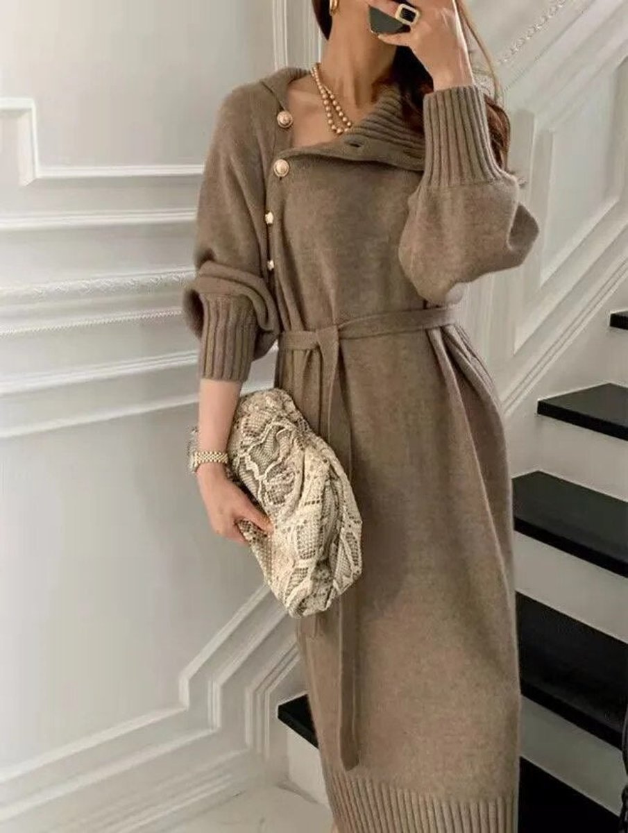 Women's Turtleneck Knit Belted Fall Midi Dress Lantern Sleeve