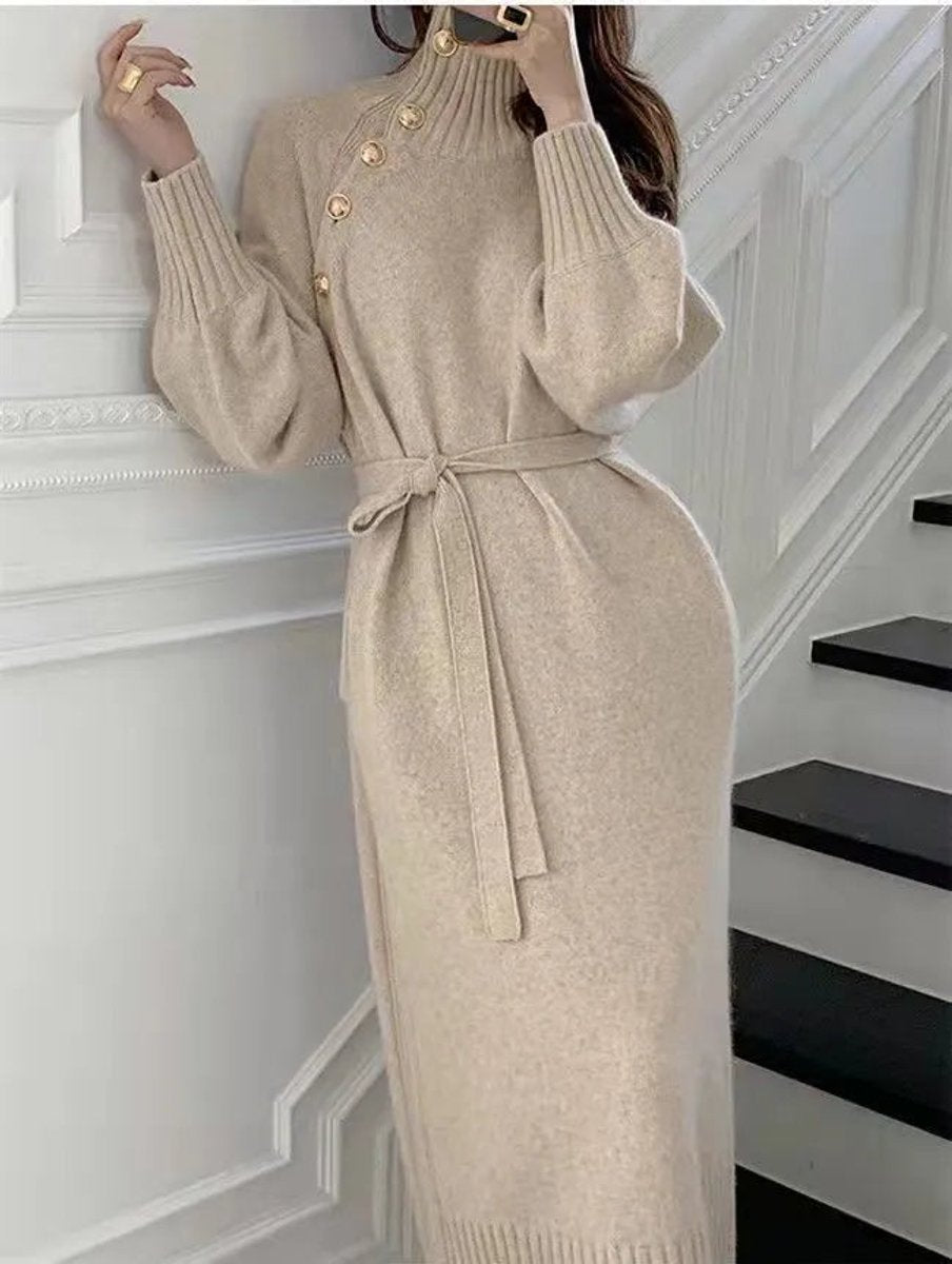 Women's Turtleneck Knit Belted Fall Midi Dress Lantern Sleeve