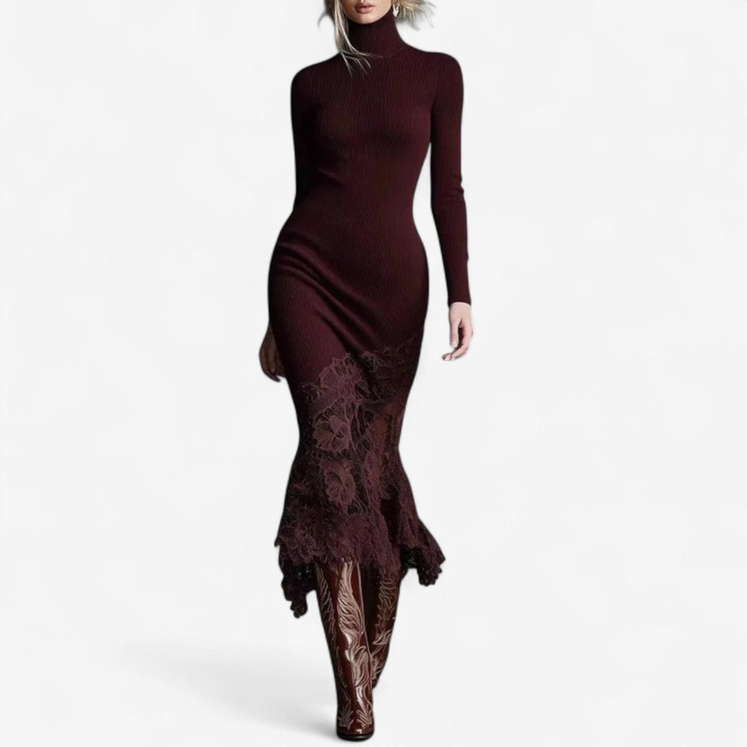 Women's Turtleneck Lace-Hem Ribbed Knit Formal Dress