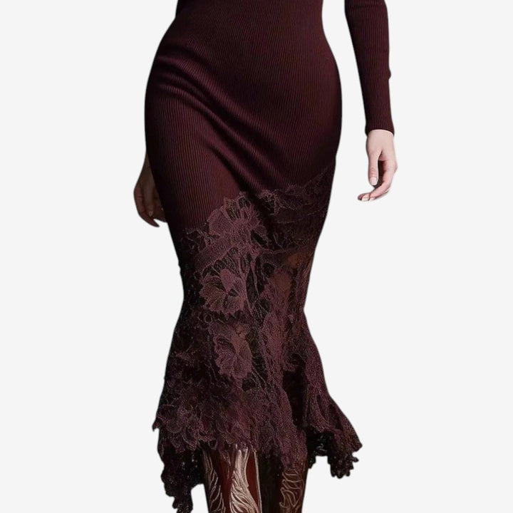 Women's Turtleneck Lace-Hem Ribbed Knit Formal Dress