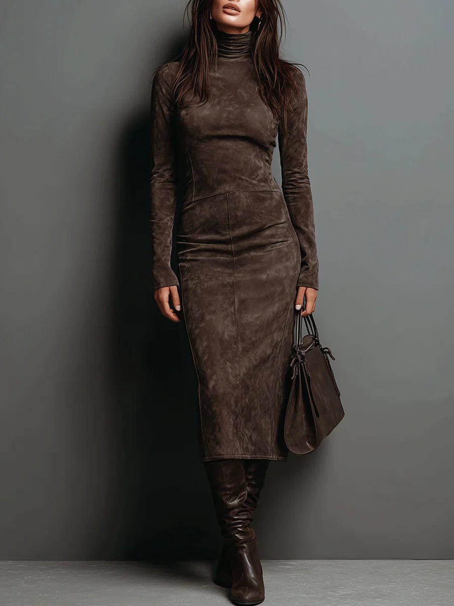 Women's Turtleneck Long Sleeve Suede Bodycon Formal Dress