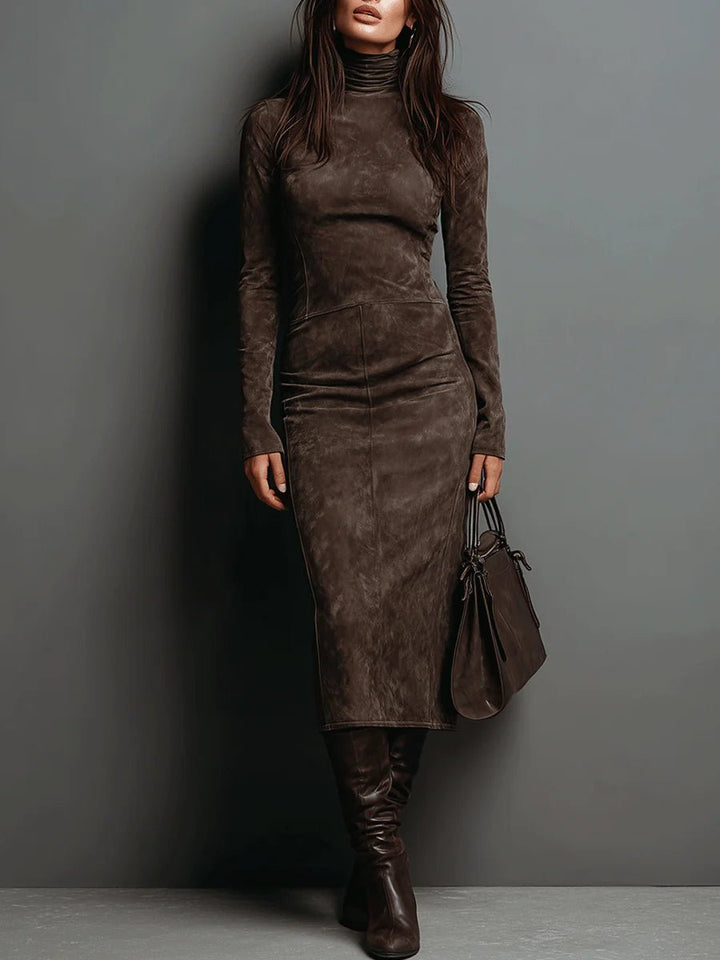 Women's Turtleneck Long Sleeve Suede Bodycon Formal Dress