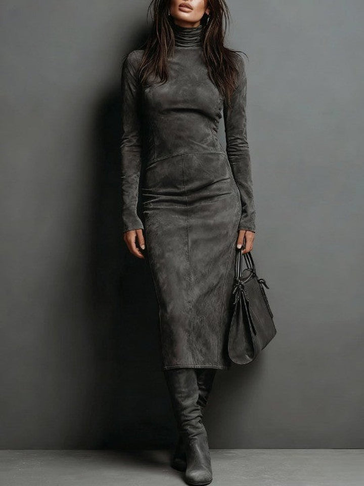 Women's Turtleneck Long Sleeve Suede Bodycon Formal Dress
