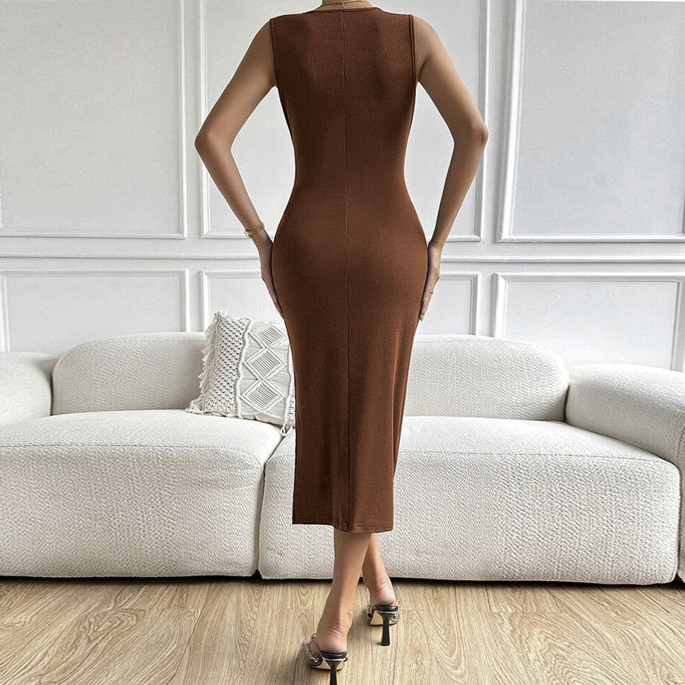 Women's Twist-Front Deep V-Neck Ribbed Knit Fall Midi Dress