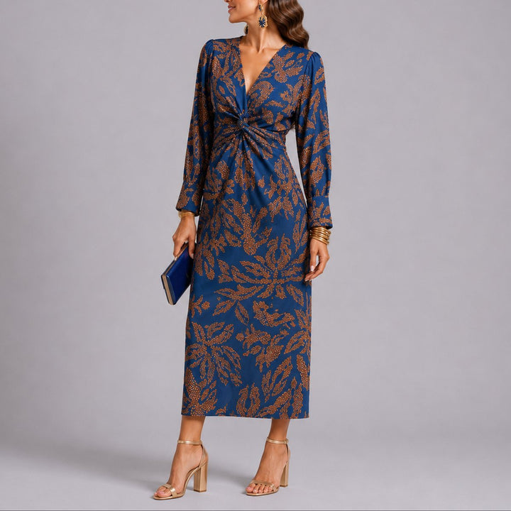 Women's Twist-Front V-Neck Floral Midi Fall Wedding Guest Dress