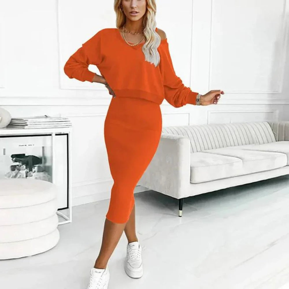 Women's Two-Piece Bodycon Fall Midi Dress Sweatshirt Set
