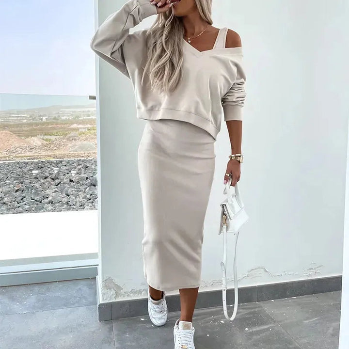 Women's Two-Piece Bodycon Fall Midi Dress Sweatshirt Set