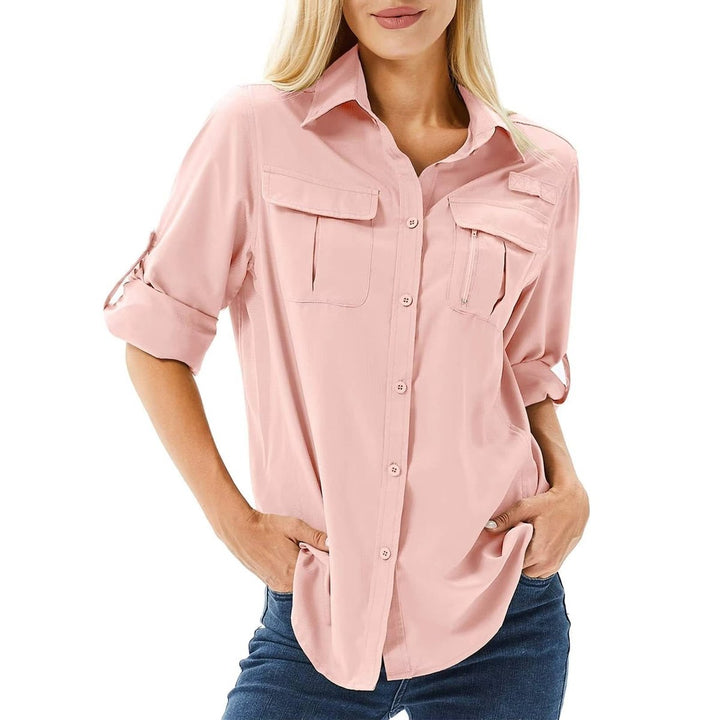Women's UPF 50 Roll-Up Sleeve Button-Down Safari Hiking Shirt