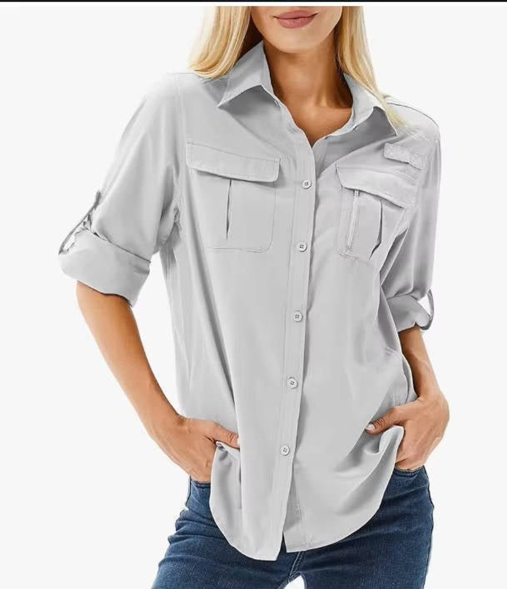 Women's UPF 50 Roll-Up Sleeve Button-Down Safari Hiking Shirt