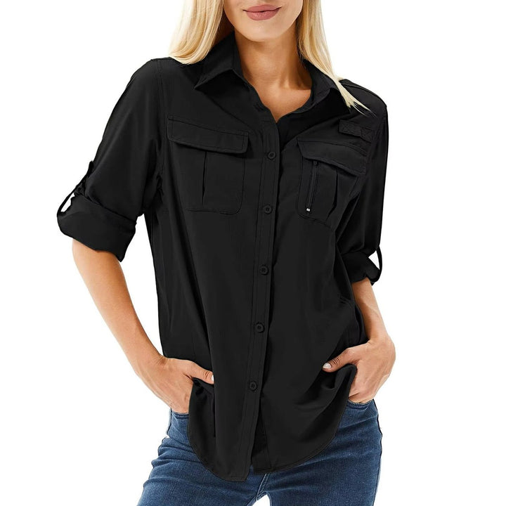 Women's UPF 50 Roll-Up Sleeve Button-Down Safari Hiking Shirt