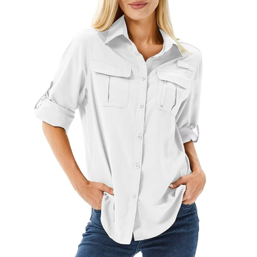 Women's UPF 50 Roll-Up Sleeve Button-Down Safari Hiking Shirt