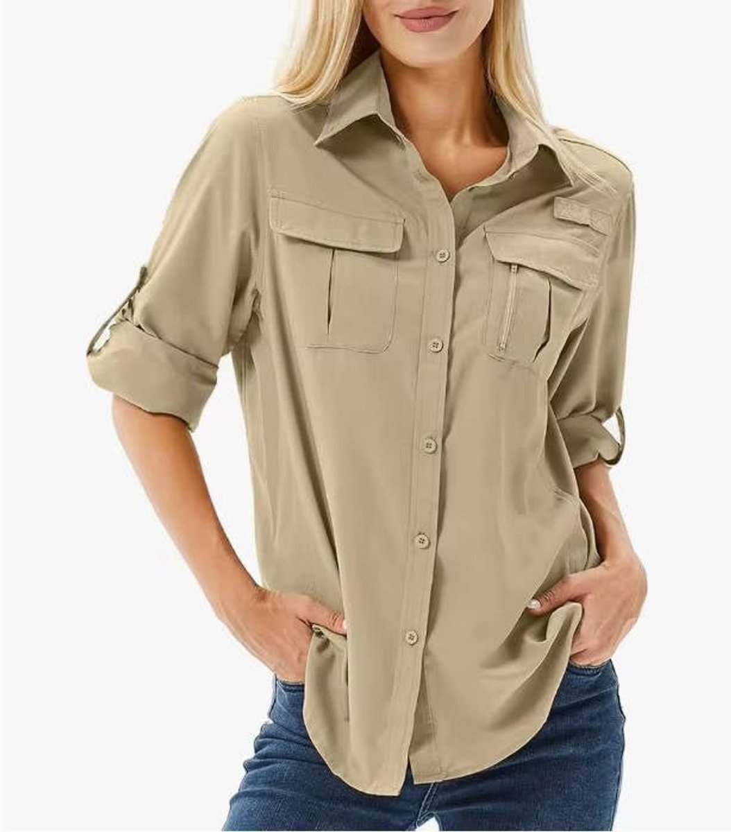 Women's UPF 50 Roll-Up Sleeve Button-Down Safari Hiking Shirt